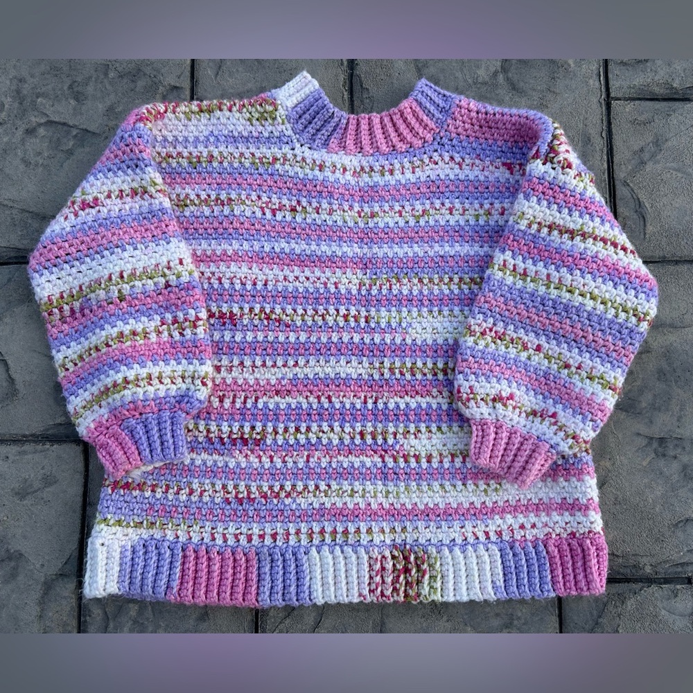 Vintage handknit chunky pastel multicolor sweater puff sleeve cottagecore XL